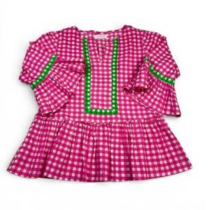 Mary Marshmallow Gingham Plaid Ruffled Blouse Preppy 3/4 Sleeve Preppy Top S